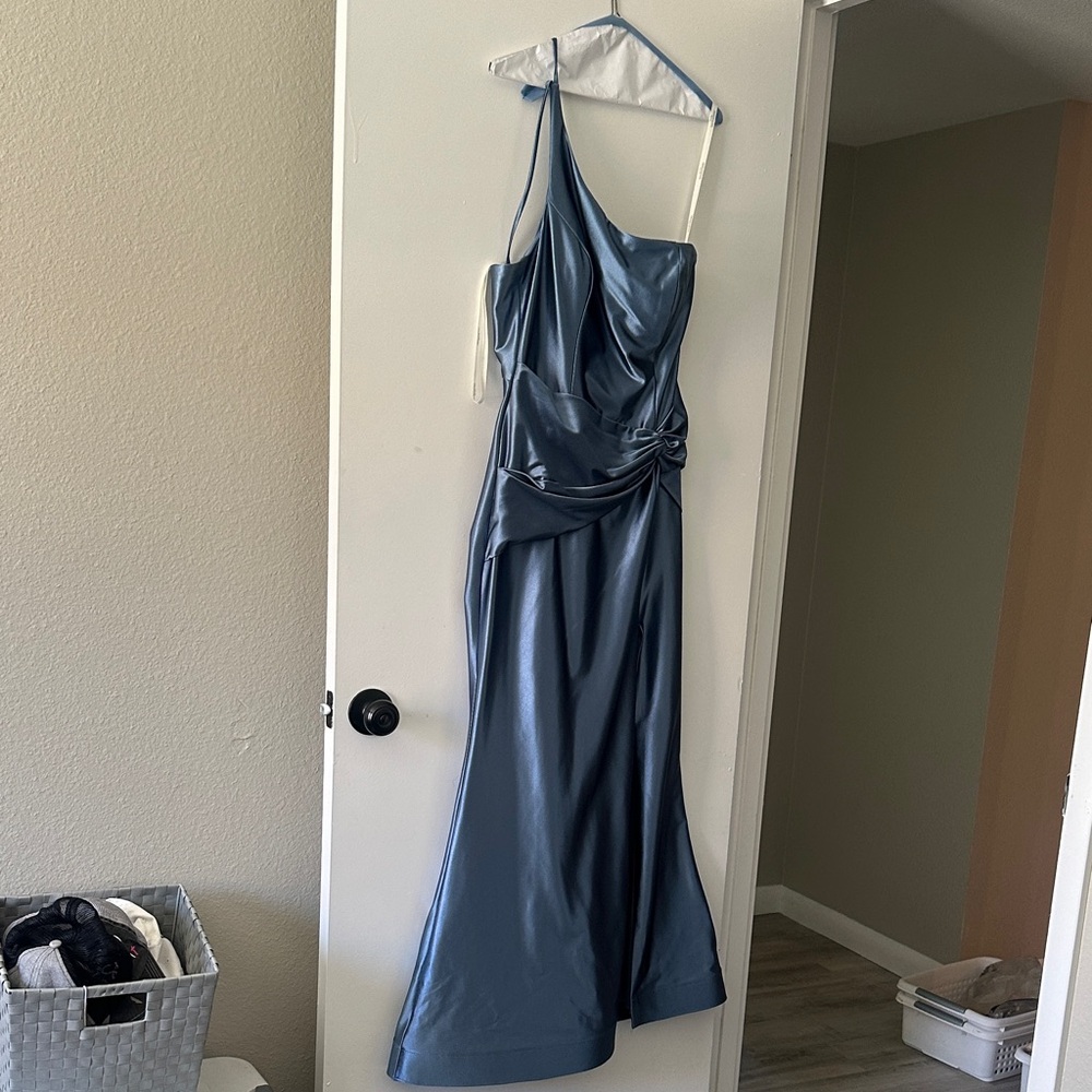 David's Bridal One-Shoulder Satin Dress in Blue